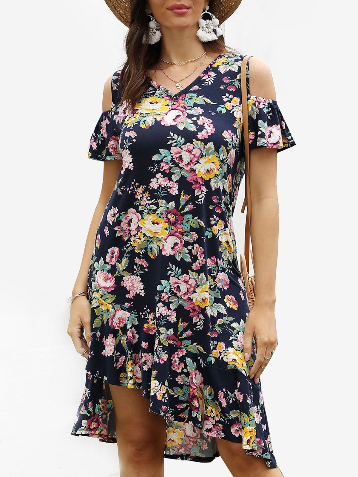 

Floral Print Asymmetric Cold Shoulder Dress, Black