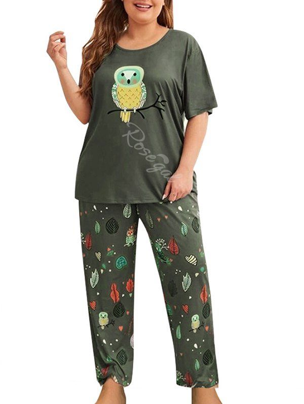 

Plus Size Owl Leaf Print Pajama Set, Green