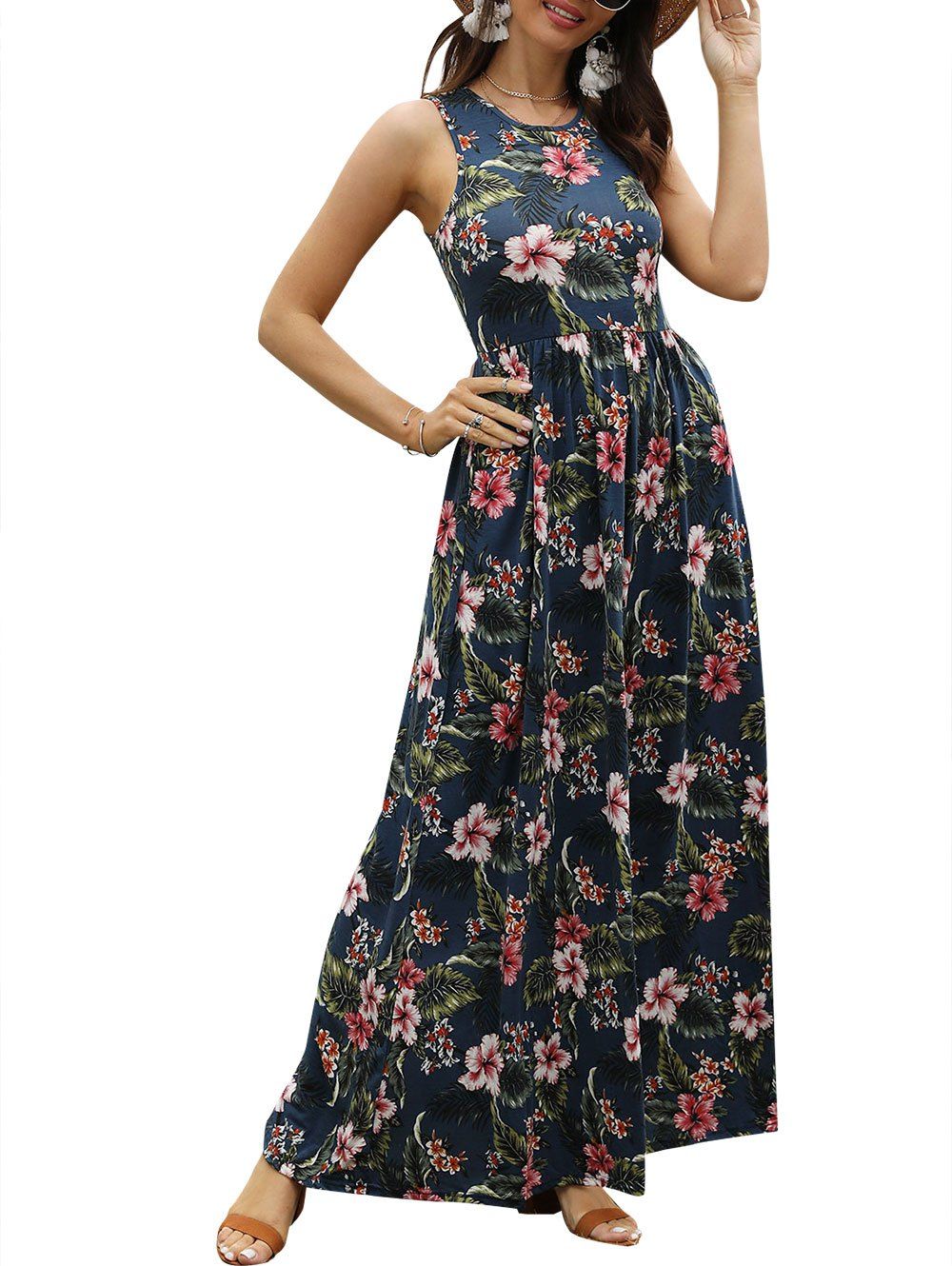 

Sleeveless Tropical Floral Print Maxi Dress, Midnight blue