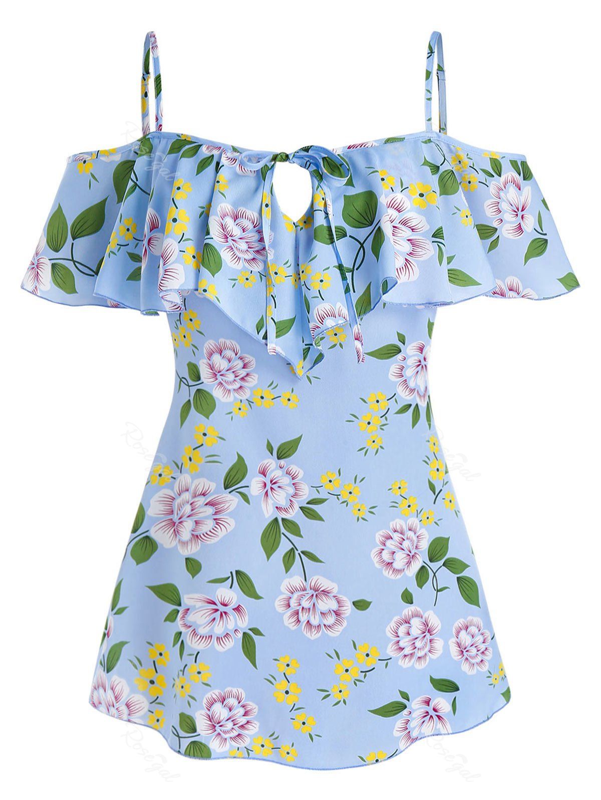 

Plus Size Ruffle Floral Print Cold Shoulder Blouse, Crystal blue