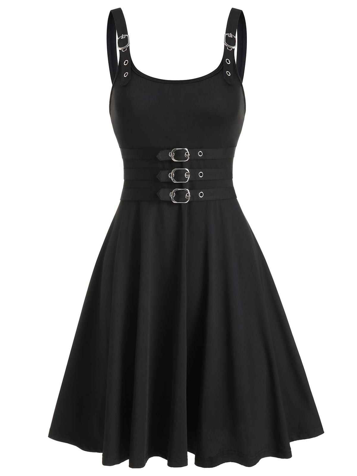 

Buckles Strap Embellished A Line Dress, Black