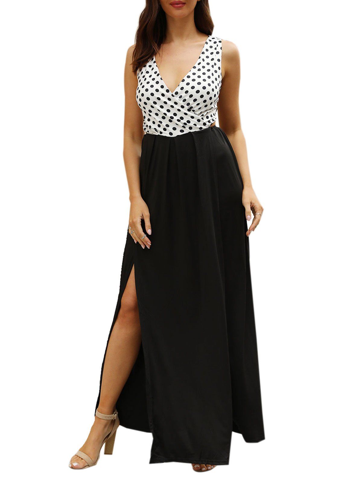 

Polka Dot Print Knotted Slit Maxi Dress, Black