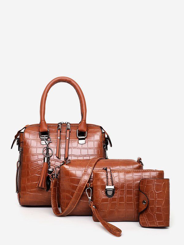 

4 Piece Animal Embossed Leather Handbag Set, Brown