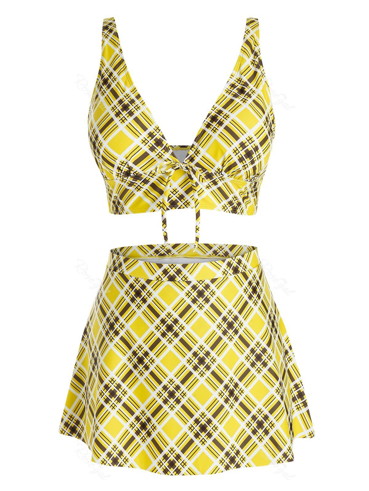 

Plus Size Plunge Plaid Skirted Tankini Swimwear, Goldenrod