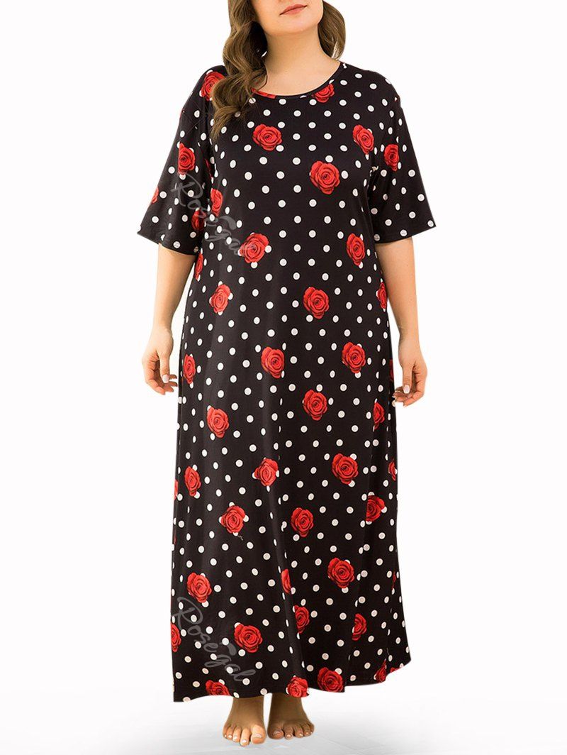 

Plus Size Polka Dot Floral Sleep Dress, Black