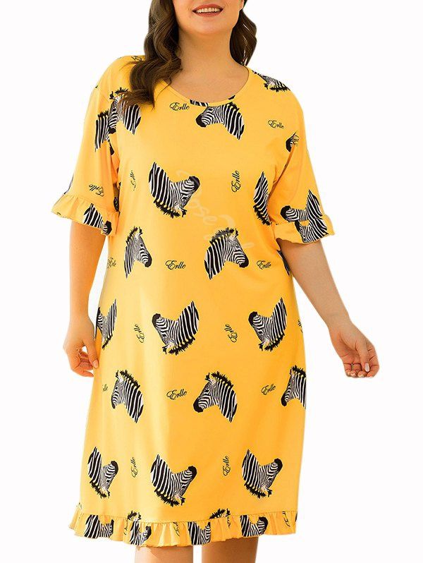 

Plus Size Zebra Print Ruffle Night Dress, Yellow