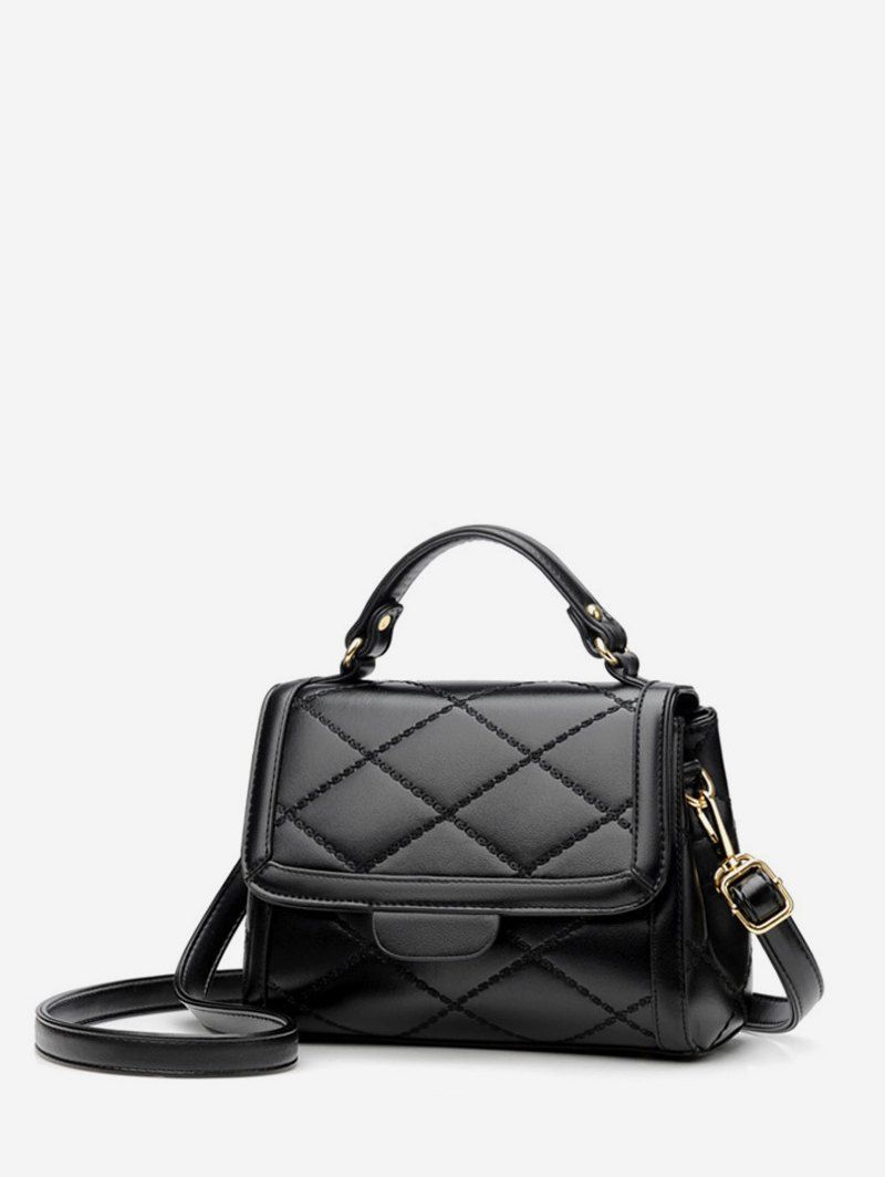 

Minimalist Quilted Top Handle Leather Crossbody Bag, Black