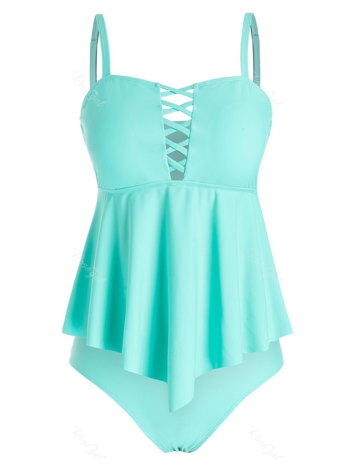 

Plus Size Crisscross Asymmetric Skirted Tankini Swimwear, Light aquamarine