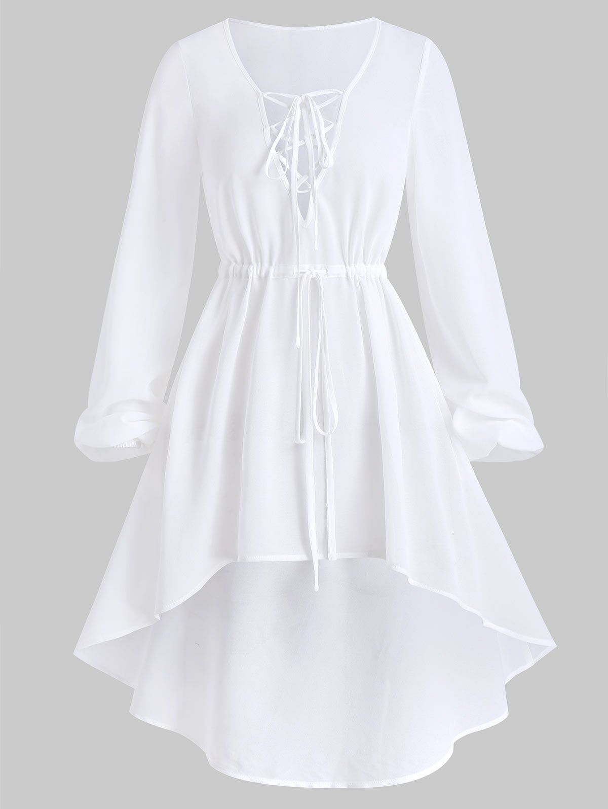 

Lace-up Bishop Sleeve High Low Chiffon Cover-up, White