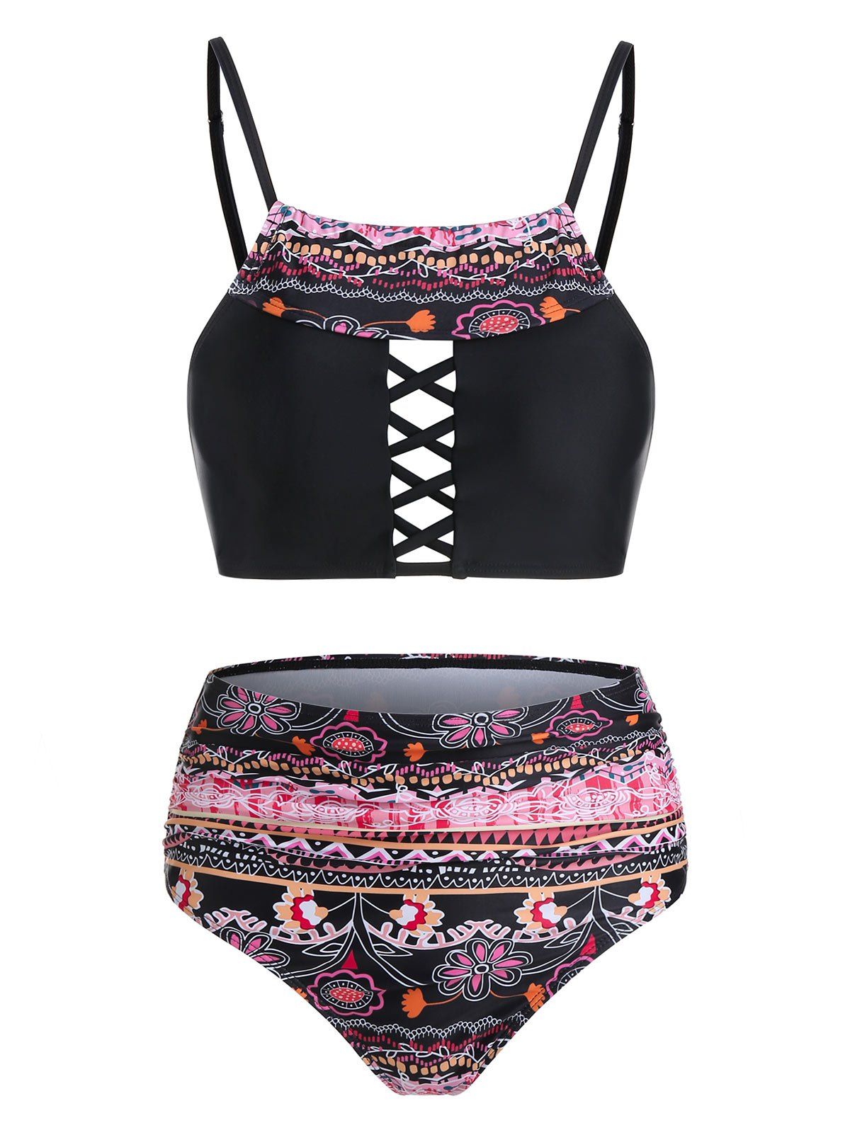 

Floral Print Criss-cross Padded Bikini Set, Black