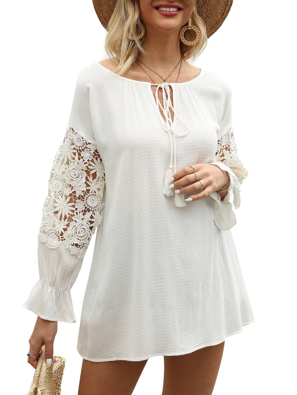 

Poet Sleeve Lace Insert Keyhole Blouse, White