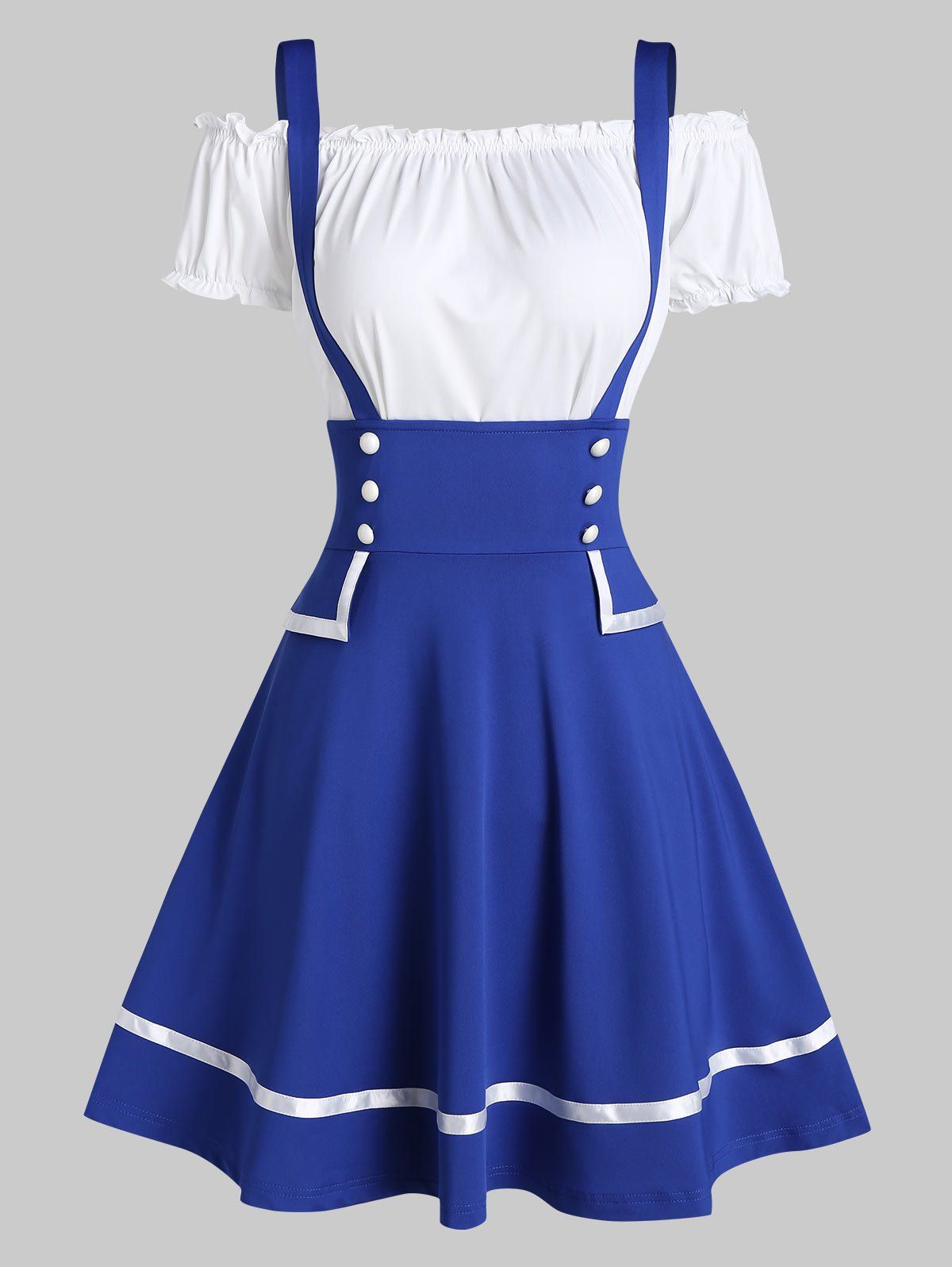 

Mock Button Suspender Flare Skirt and Off The Shoulder Top, Cobalt blue