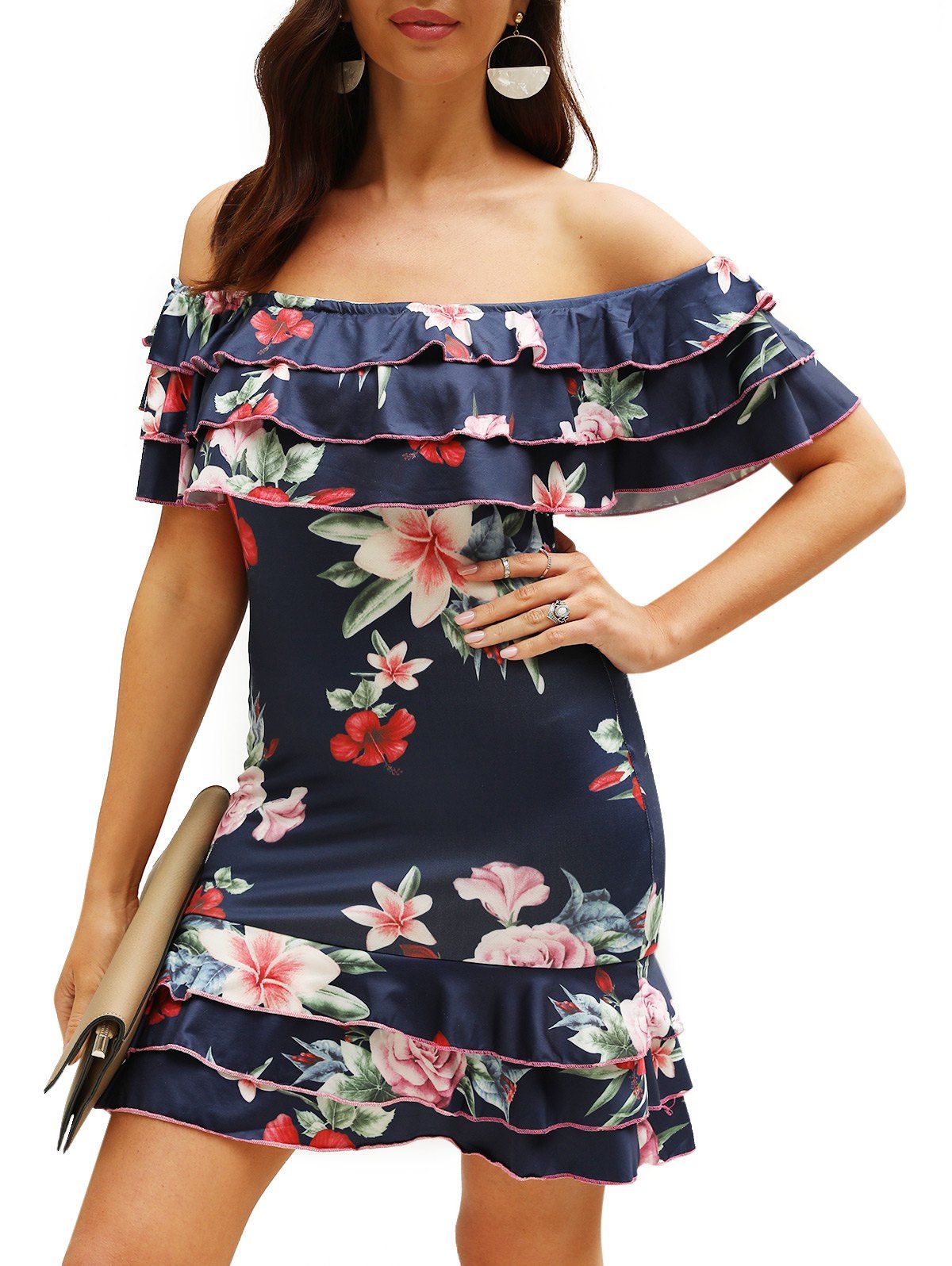 

Floral Print Off The Shoulder Layered Sheath Dress, Cadetblue