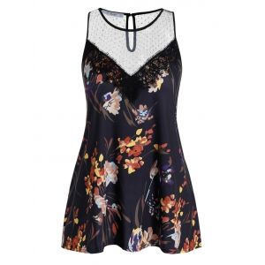 

Plus Size Flower Mesh See Thru Keyhole Back Tank Top, Black