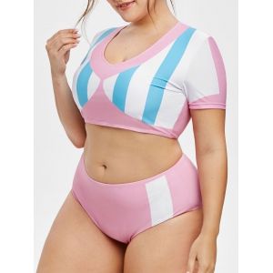 

V Neck Color Blocking Stripes Panel Plus Size Two Piece Swimwear, Pink