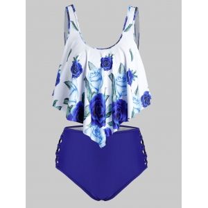 

Plus Size Floral Print Overlay Crisscross Tankini Swimwear, Ocean blue