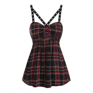 

Plaid Print Grommet Flare Tank Top, Black