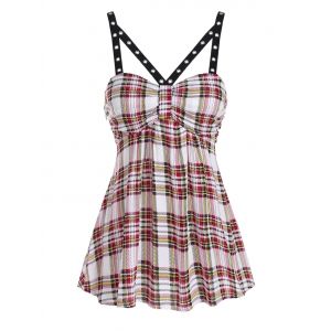 

Plaid Print Grommet Flare Tank Top, Milk white