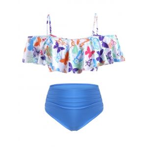 

Plus Size Butterfly Print Flounce Ruched Tankini Swimwear, Dodger blue