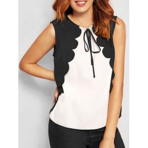 

Bowknot Detail Scalloped Contrast Tank Top, Black