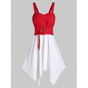

Sleeveless Hanky Hem Belted Contrast Dress, Lava red