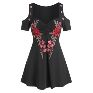 

Flower Embellished Ruched Cold Shoulder T-shirt, Natural black