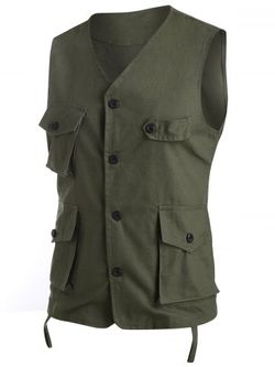 Pure Color Button Up Fisher Vest - ARMY GREEN - 2XL