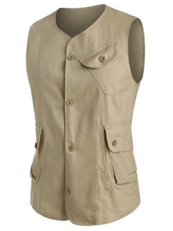 Plain Button Up Flap Pockets Fisher Vest - LIGHT KHAKI - S