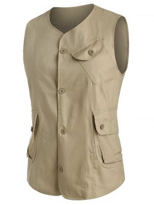 Plain Button Up Flap Pockets Fisher Vest