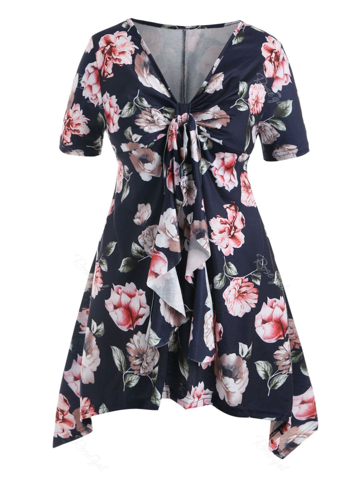 

Tie Front Floral Handkerchief Plus Size Top, Cadetblue