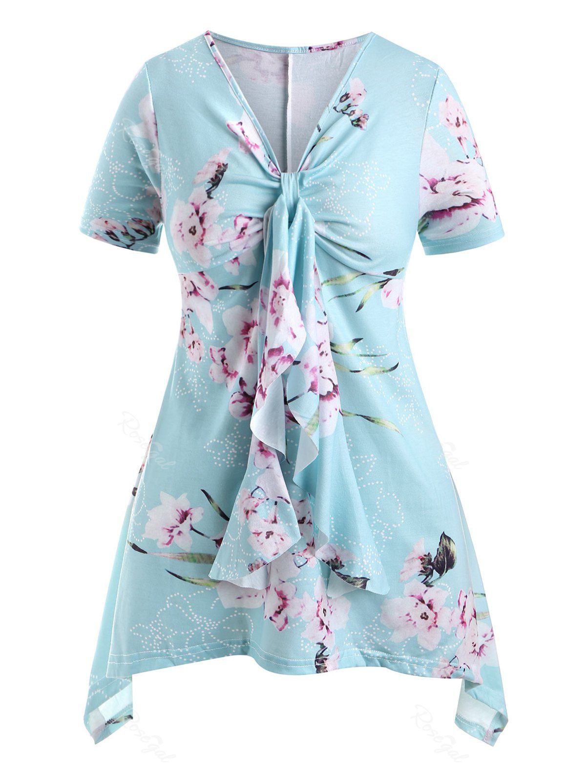 

Tie Front Floral Handkerchief Plus Size Top, Blue