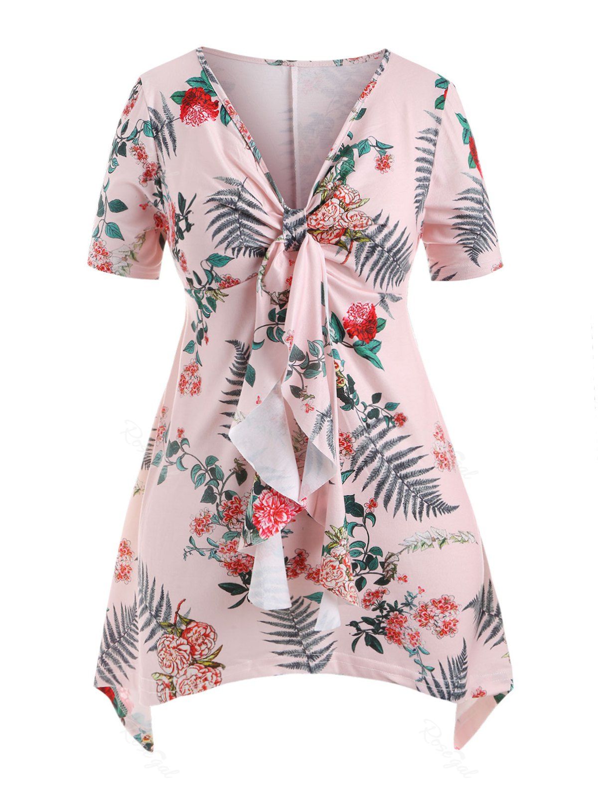 

Tie Front Floral Handkerchief Plus Size Top, Pink
