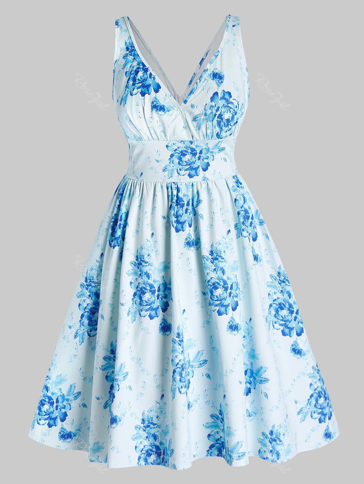 

Plus Size Vintage Floral Print Swing Dress, Light blue
