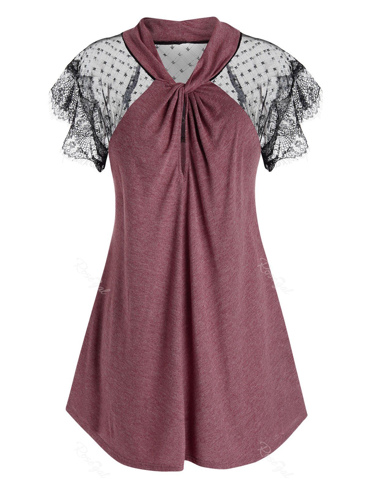 

Plus Size Twist Sheer Mesh T Shirt, Red wine