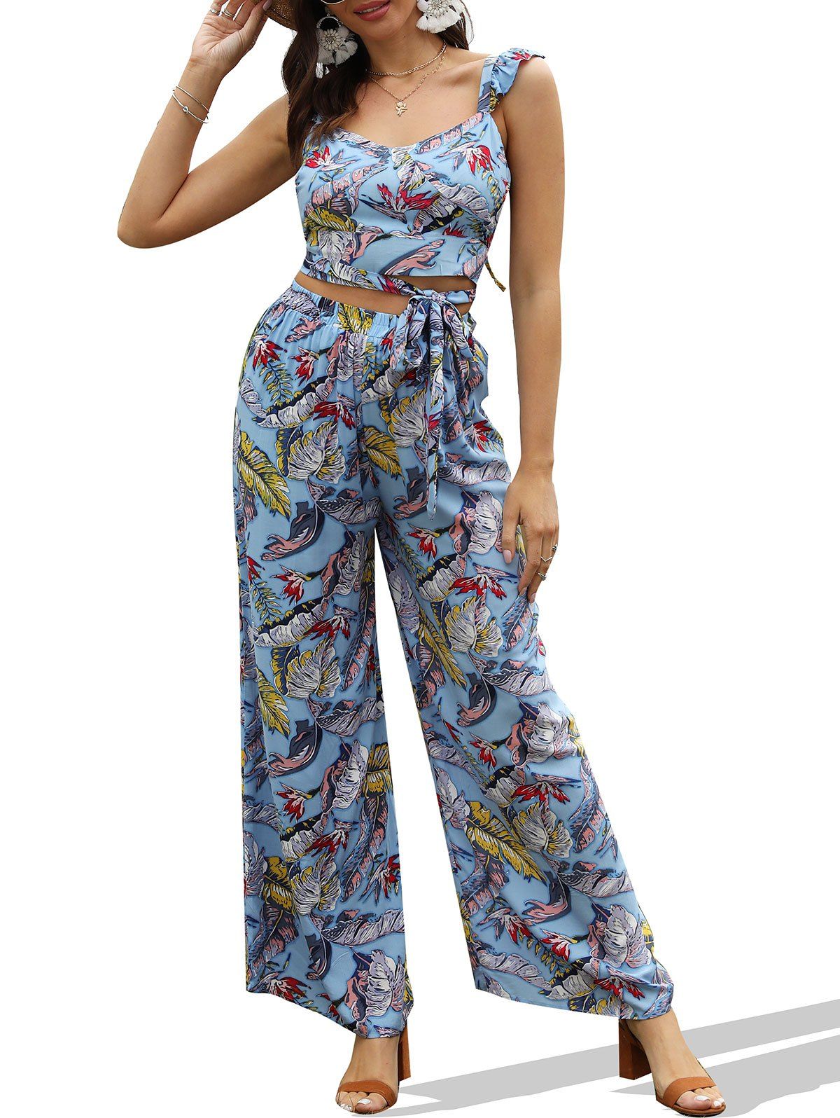 

Tropical Print Backless Wrap Top and Wide Leg Pants, Blue gray