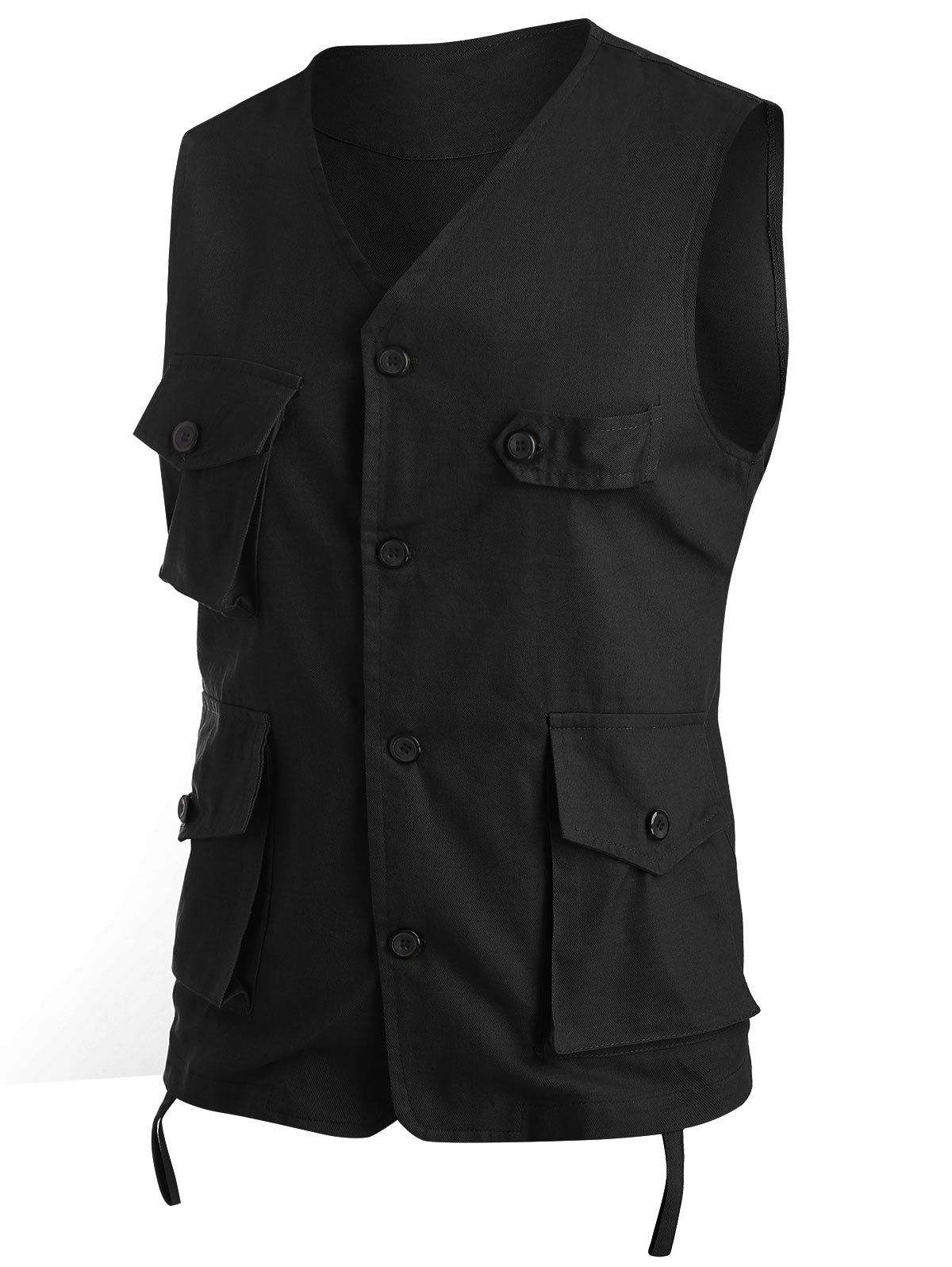 

Pure Color Button Up Fisher Vest, Black