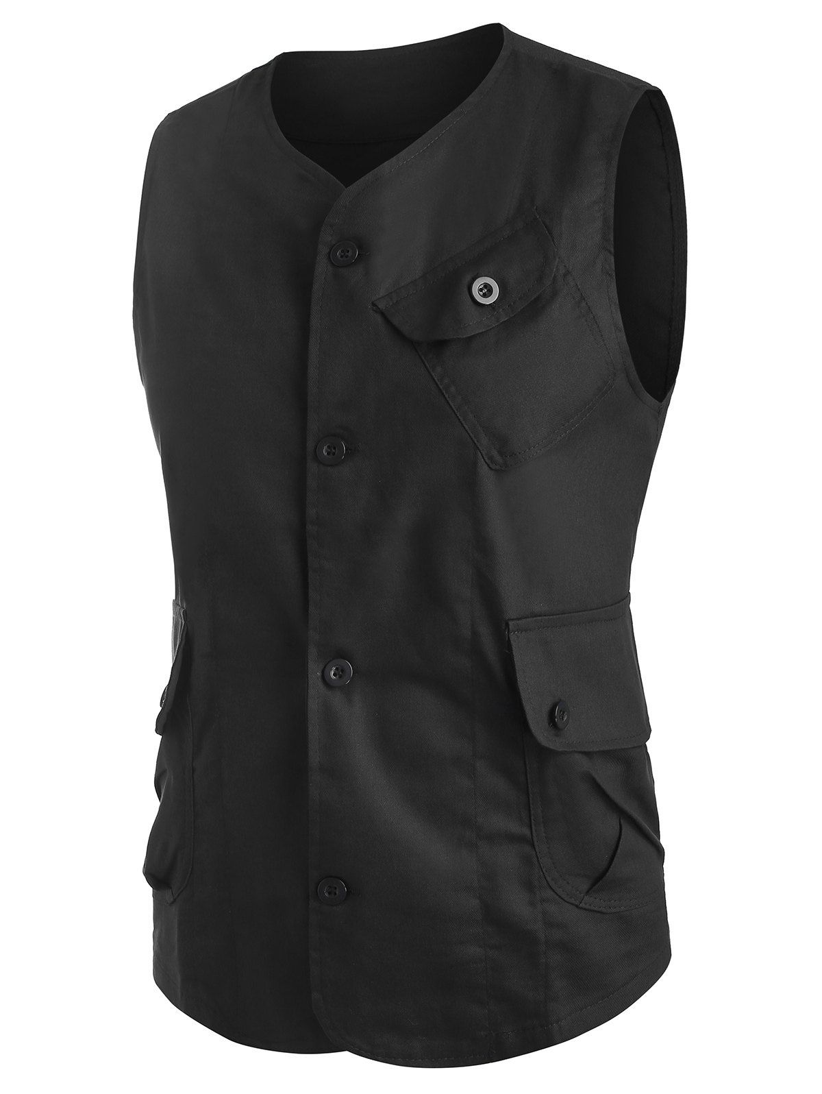 

Plain Button Up Flap Pockets Fisher Vest, Black