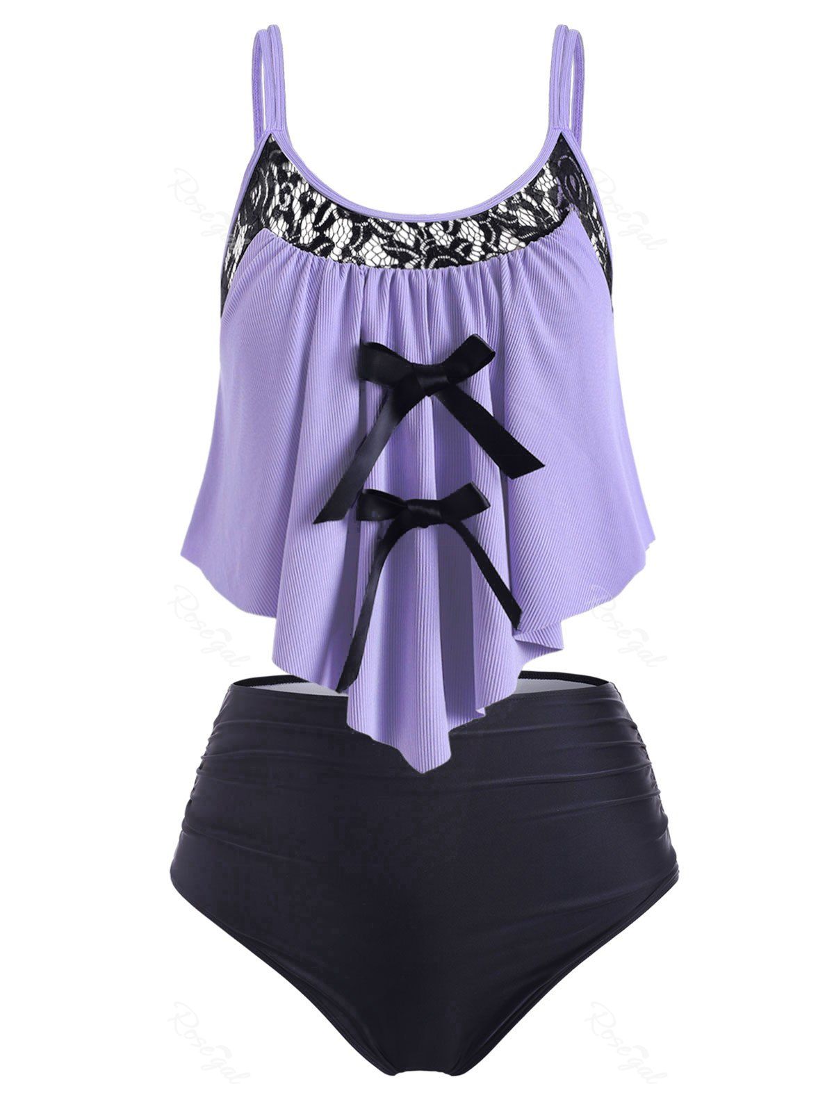 

Plus Size Ribbed Bowknot Lace Insert Tankini Swimwear, Purple