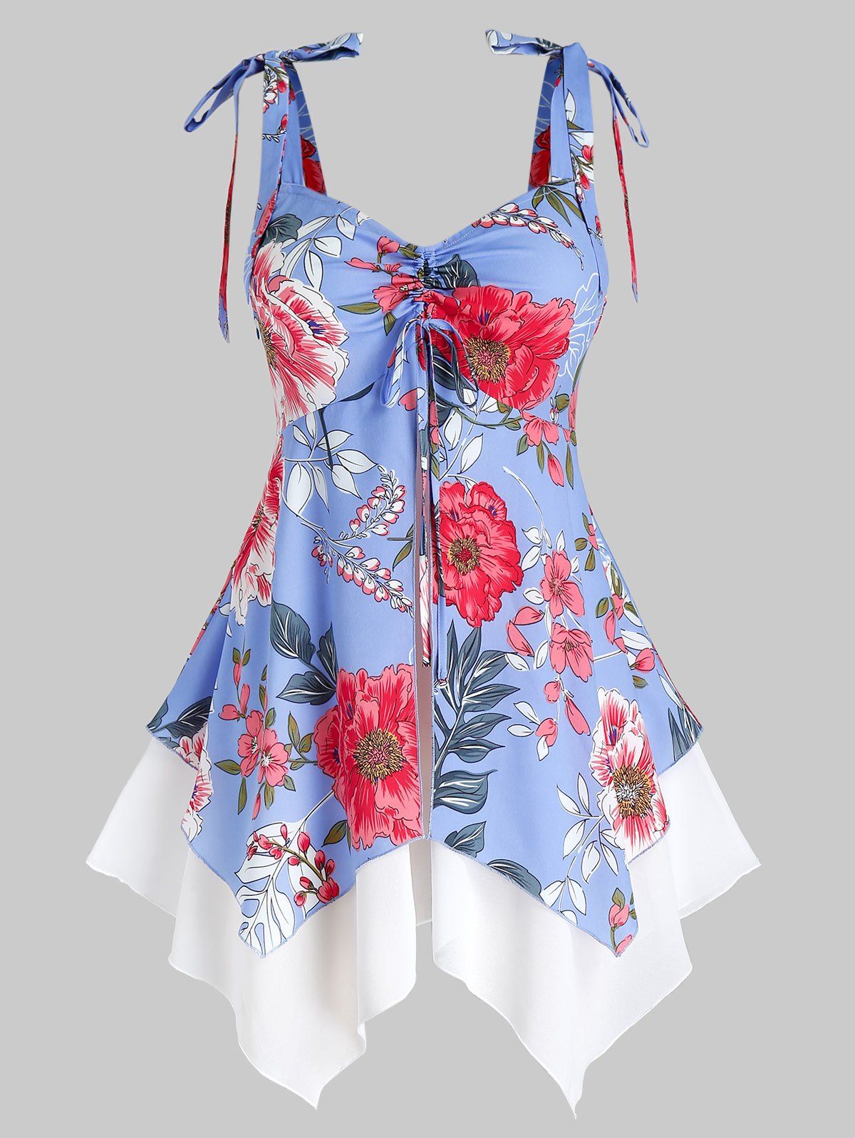 plus size floral print layered cami dress with criss cross crop top