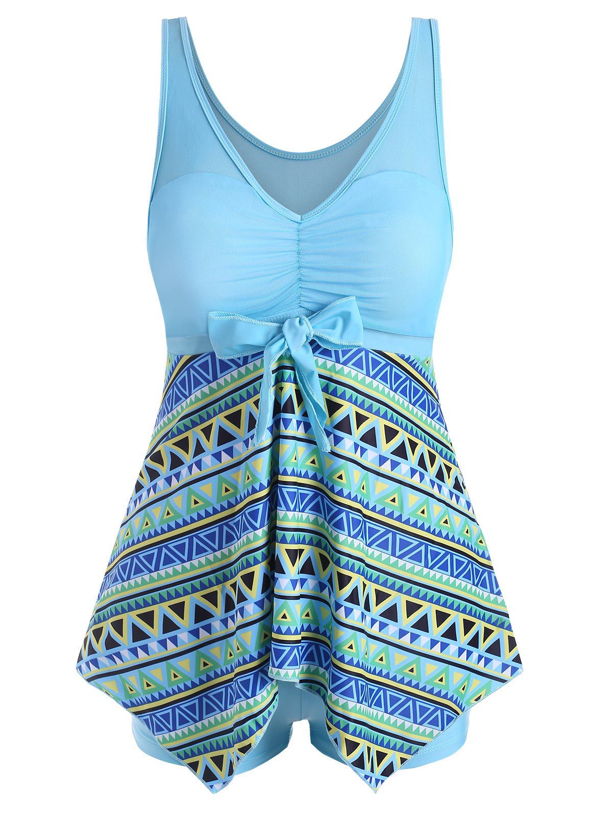 

Geo Print Ruched Mesh Panel Tankini Swimwear, Day sky blue