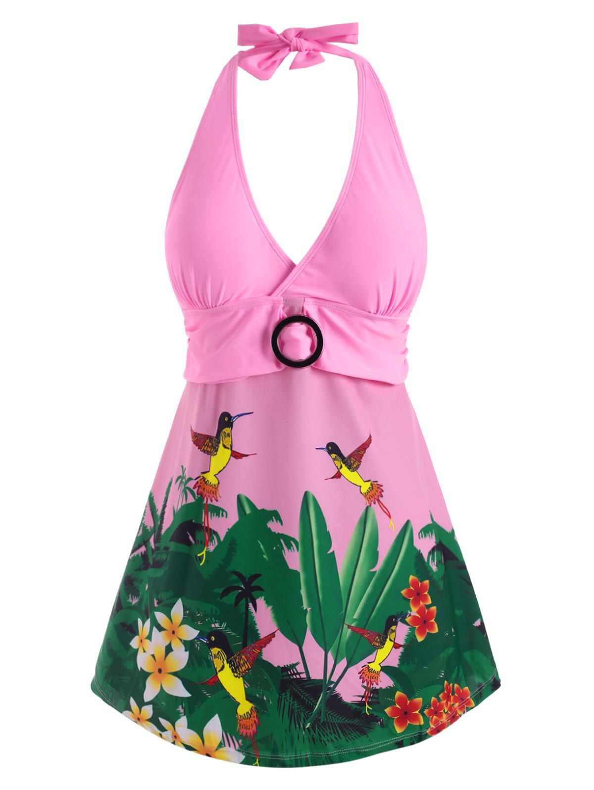 

Birds Plant Floral Print Tie Back O Ring Tankini Swimwear, Hot pink