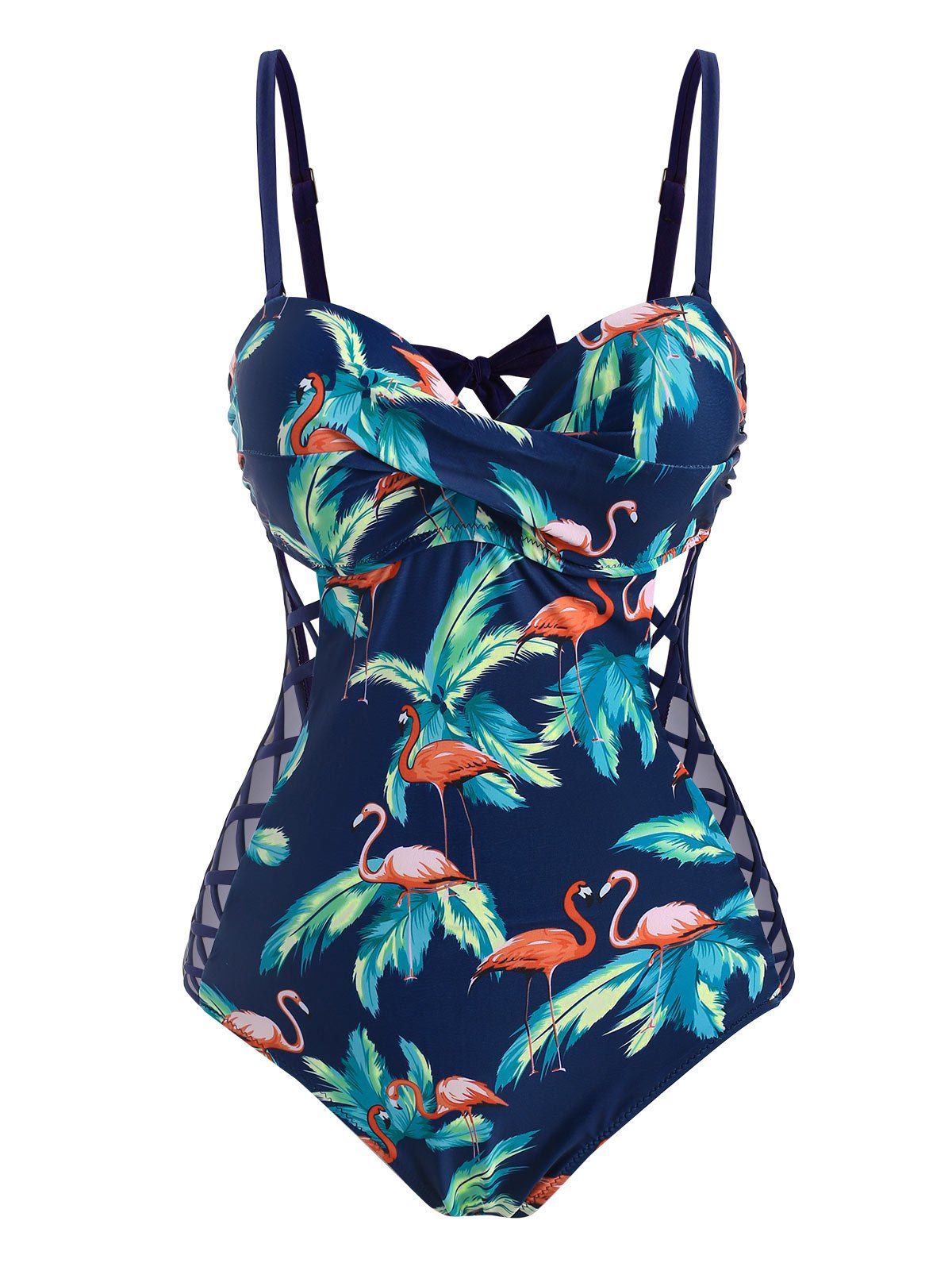 

Flamingo Twist Front Lattice One-piece Swimsuit, Deep blue