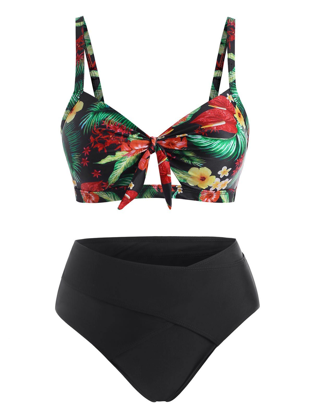 

Contrast Floral Knotted Bikini Swimwear, Black