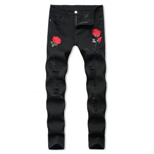 

Floral Embroidery Ripped Design Jeans, Black