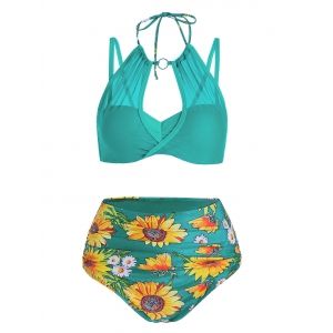 

Sunflower Print Mesh Insert Padded Bikini Swimwear, Light aquamarine