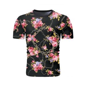 

Flower Chain Print Short Sleeve T-shirt, Black