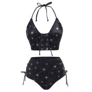 

Lace Up Velvet Glitter Star Tankini Swimwear, Black