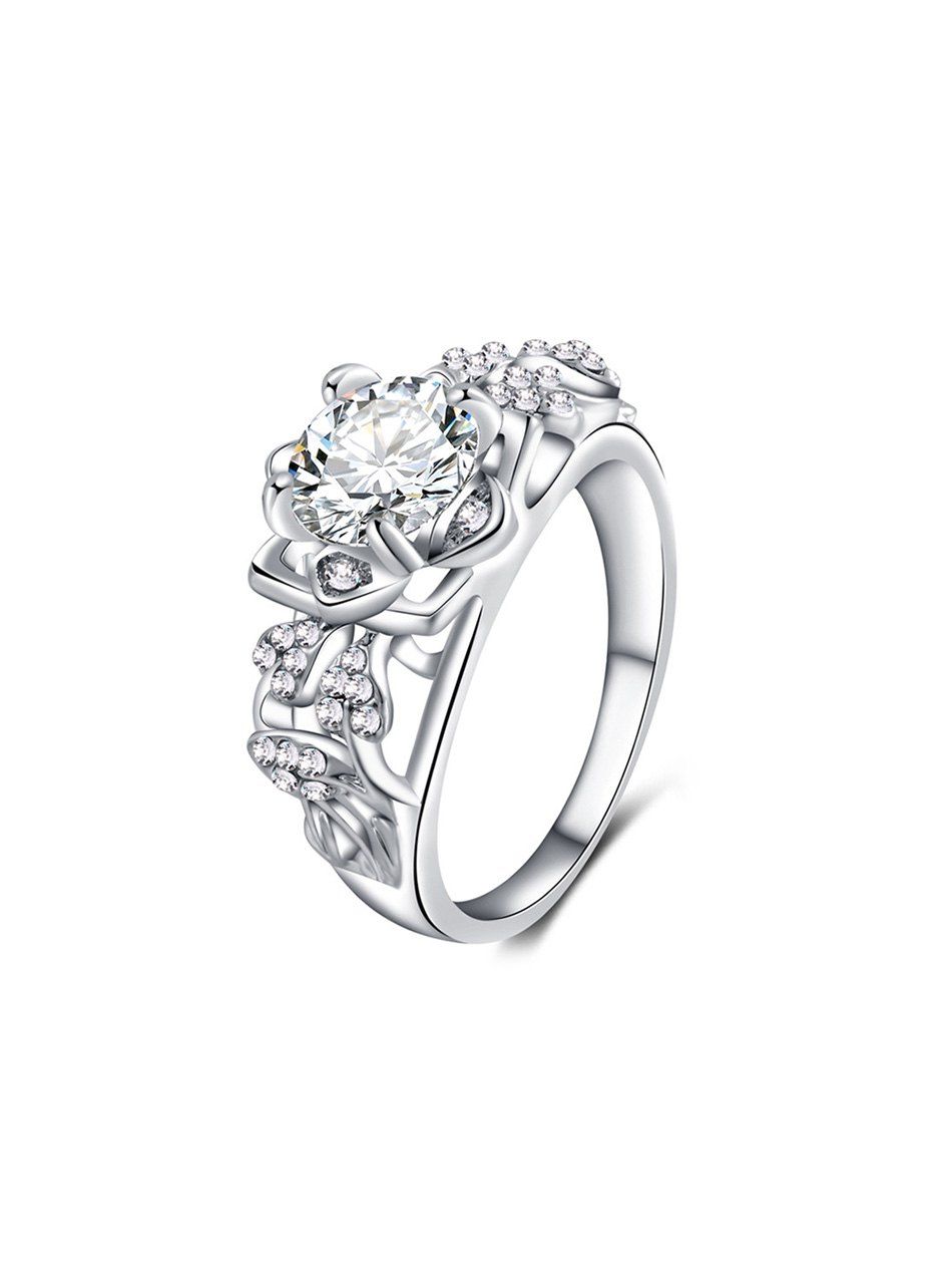 

Hollow Out Flower Shape Rhinestone Ring, Silver