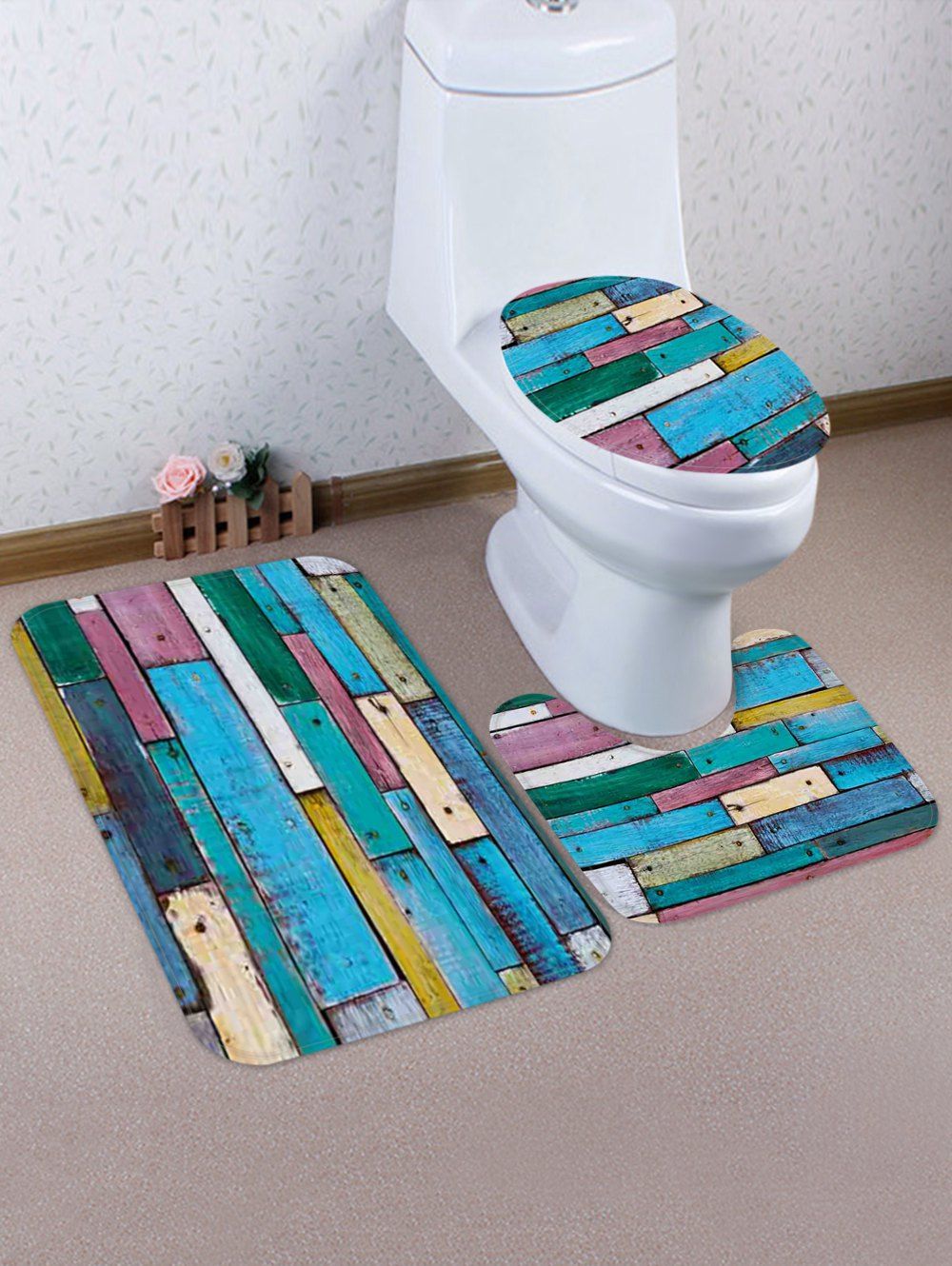 

Colored Wooden Board Pattern 3 Pcs Toilet Mat Set, Multi