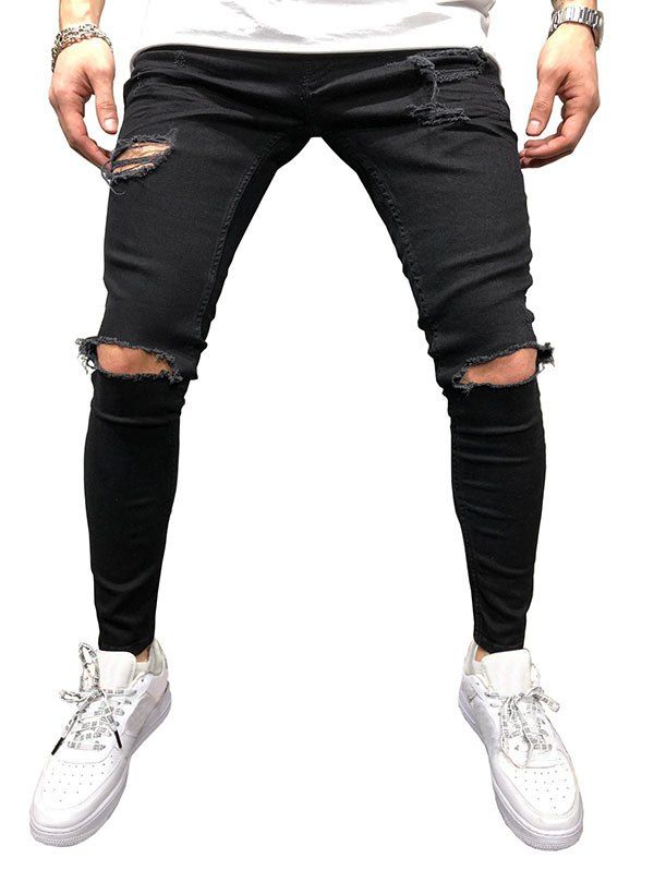 

Solid Color Hole Design Jeans, Black
